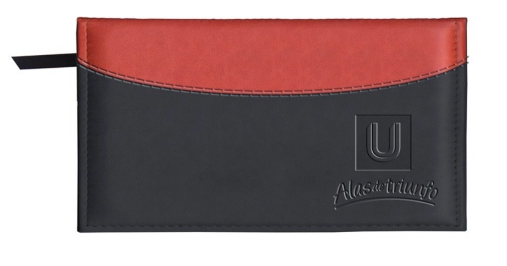 Libreta horizontal gris y roja con logo de U Alas de triunfo